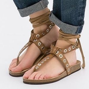 Zara Boho Leather Gladiator Lace Up Flats Sandals